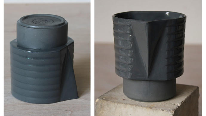 a collage photo of two black cups
