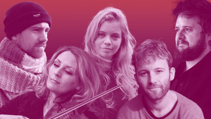 A composite image featuring the five artists in the concert. From left to right: Kit Downes, Alice Zawadzki, Heloise Werner, Colin Alexander and Allan Clayton. The image has a pink overlay.