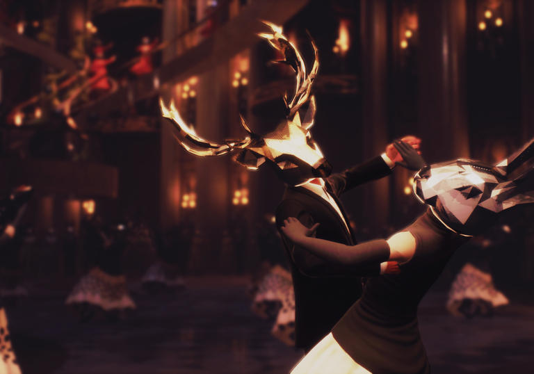 Two virtual reality characters wearing animal masks dance in a ballroom