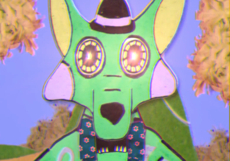 An animated green monster dog in a bowler hat with shining eyes