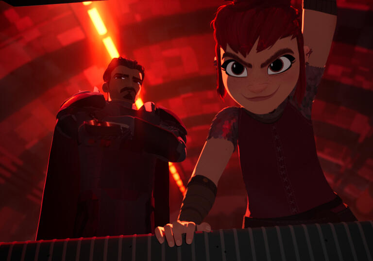 Nimona looks threateningly forward, ready to fight. 