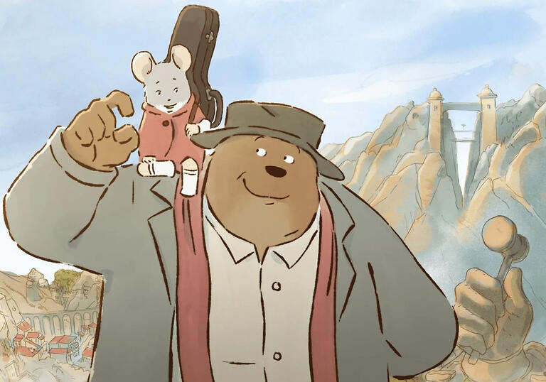 A bear walks with a little mouse on his shoulder, looking happy.