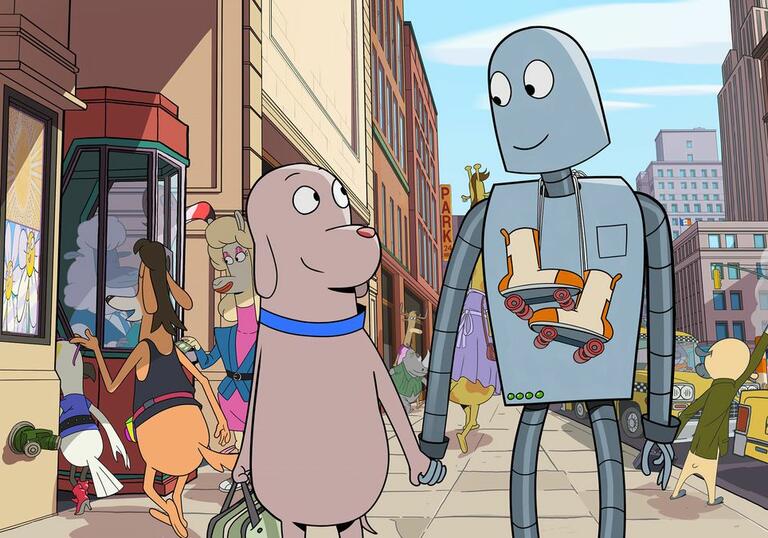 A dog and robot walk down the street in New York.