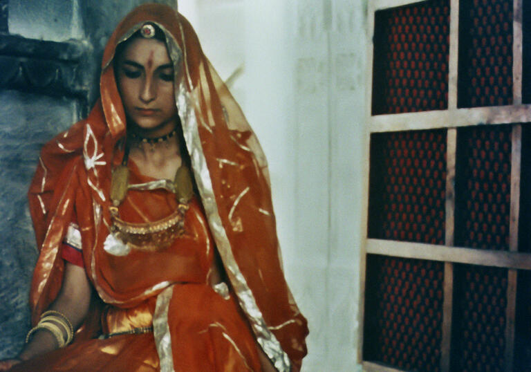 A woman in traditional Indian dress stands by a window.