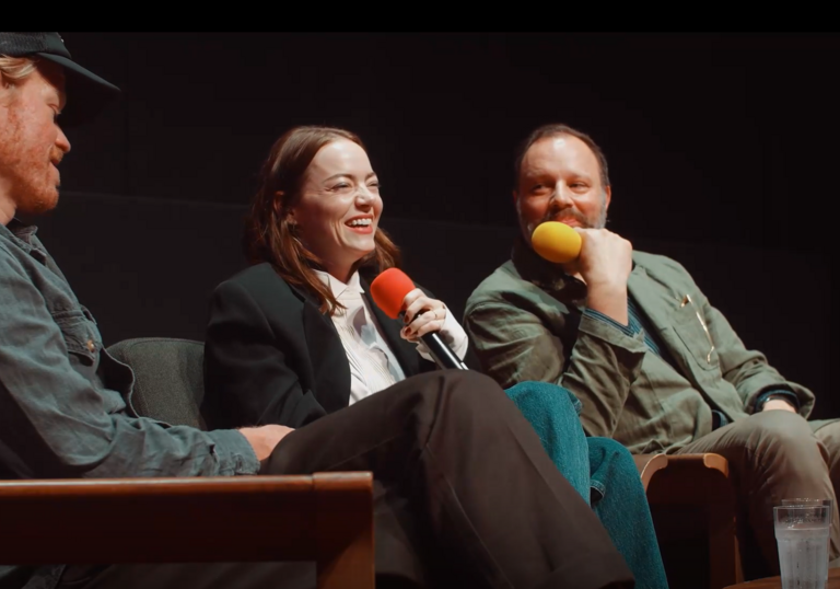 Jesse Plemmons, Emily Stone and Yorgos Lanthimos laugh on stage during a screentalk.