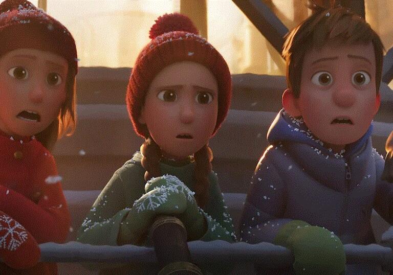 A group of kids look over a roof on Christmas Eve.