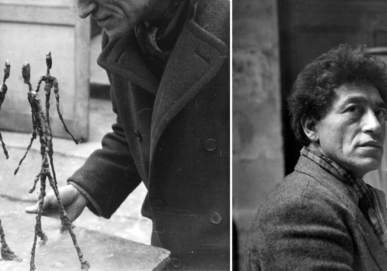 L: Alberto Giacometti holding Three Men Walking, 1940s, Photo: anonymous, Archives Fondation Giacometti / R: Alberto Giacometti in the studio, Before June 1951, Archives Fondation Giacometti © Succession Alberto Giacometti / Adagp, Paris 2024. Photo: Michel Sima. 
