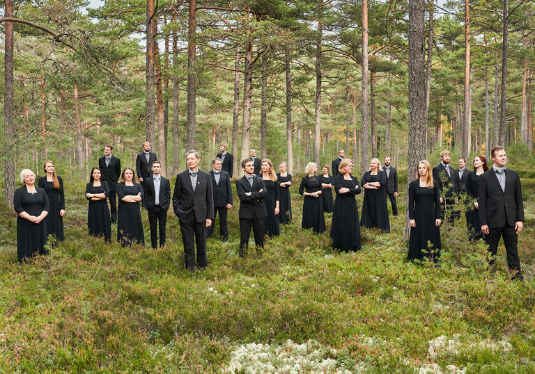 Estonian Philharmonic Chamber Choir standing in the forest