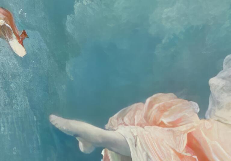 A painting of a woman's foot and a loose shoe
