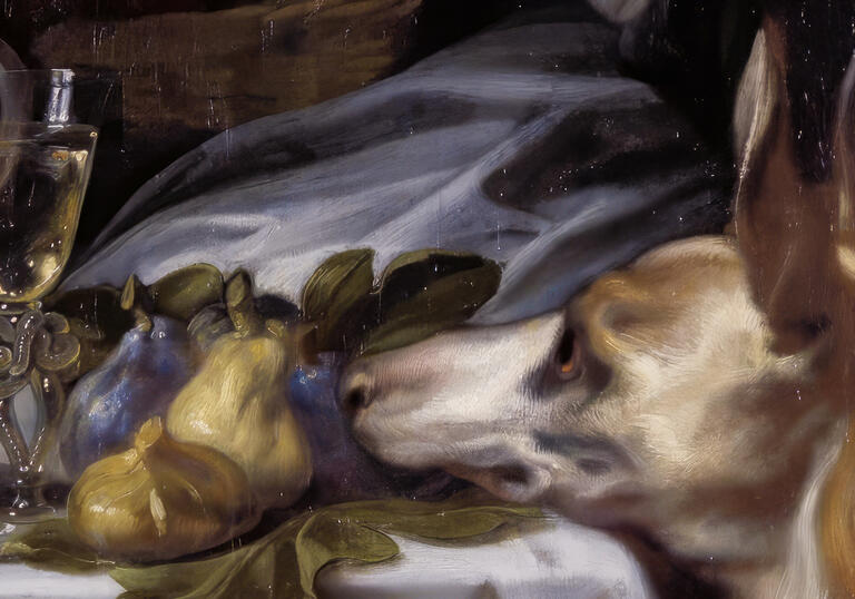A still life of pears and a dog onlooking