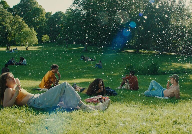 Young people relax on the grass on a summer day.