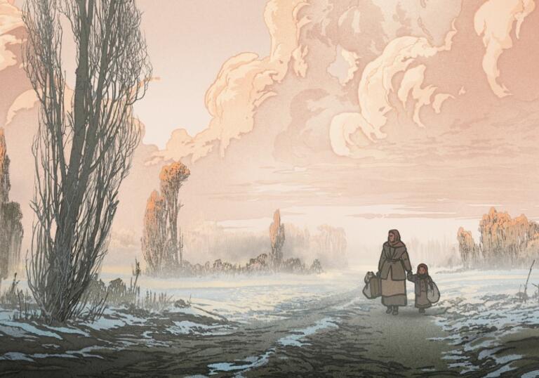 Animated still of a woman and child in a winter landscape.