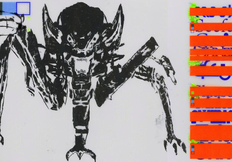A drawing of a bat like figure against a grey background, with striped of red on its right side
