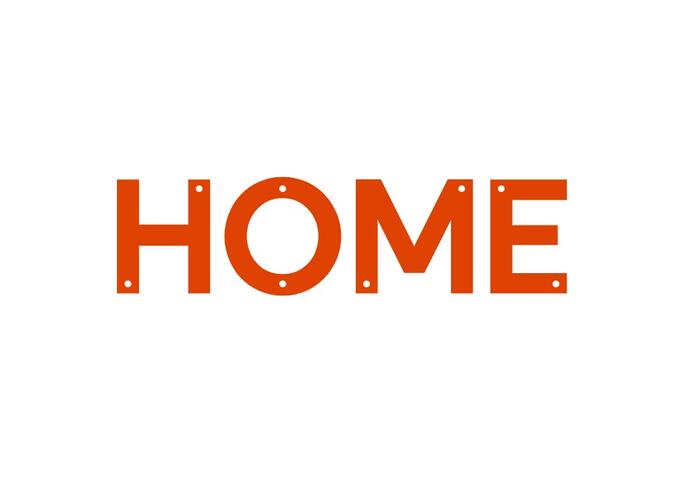 'HOME' written in orange text against white background