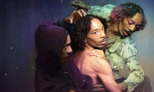 Three images of the same person, each wearing different clothes, wrap and look at each other.