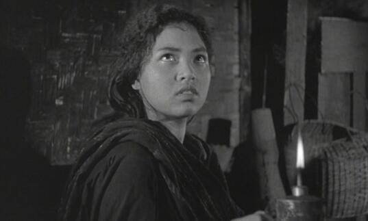 A young woman looks skyward.