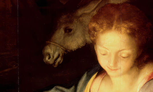 A painting of a young woman and donkey
