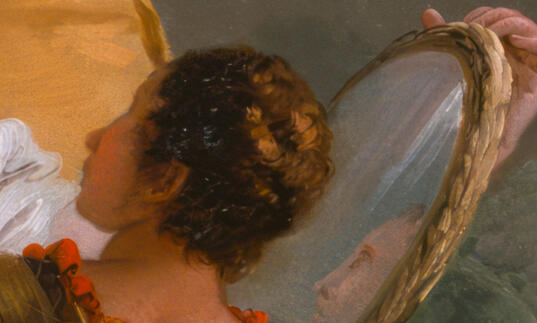 A painting of a person looking up while someone holds a mirror behind them 