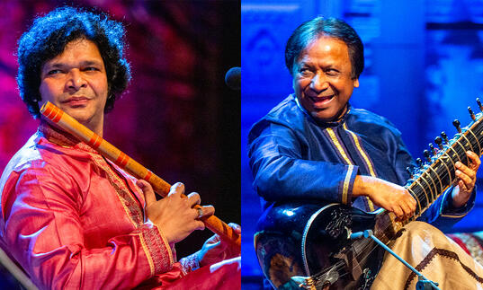 Collage of Rakesh Chaurasia and Shahid Parvez on stage