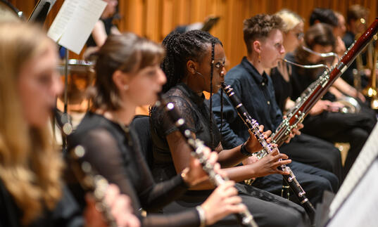 Image of an orchestra performing with multiple people stood in line playing the flute