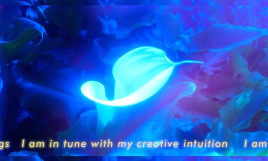 A picture of a sea creature that glows brightly. The words 'I am in tune with my creative intuition' is written across the top. 