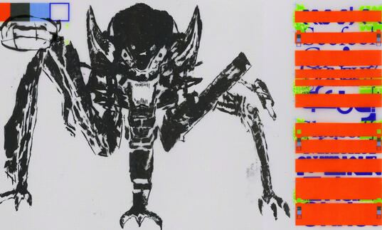 A drawing of a bat like figure against a grey background, with striped of red on its right side