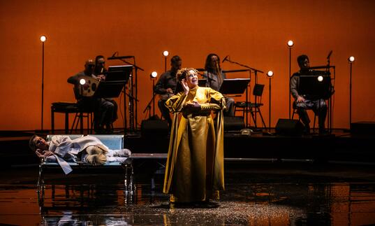 A photo of a singer on stage, with an orchestral ensemble in the background. Semi staged production of Bushra El-Turk's Oum - A Son's Quest for his Mother