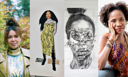 A collage of Jenn Nkiru, Tina Campt, Alberta Whittle and Phoebe Boswell